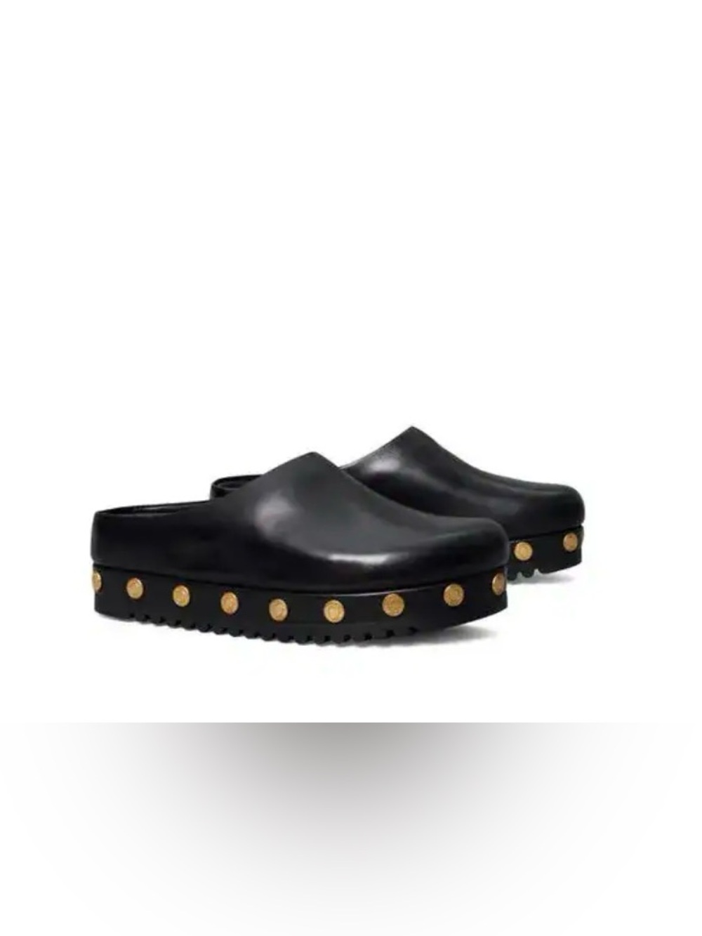 Tory Burch Black Leather Platform Mules with Gold Coins 6M